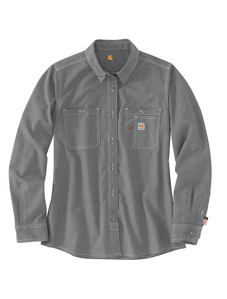 Carhartt, FR Women's Flame-Resistant Force Relaxed Fit Lightweight Long-Sleeve Shirt, 104147, Navy, Gray