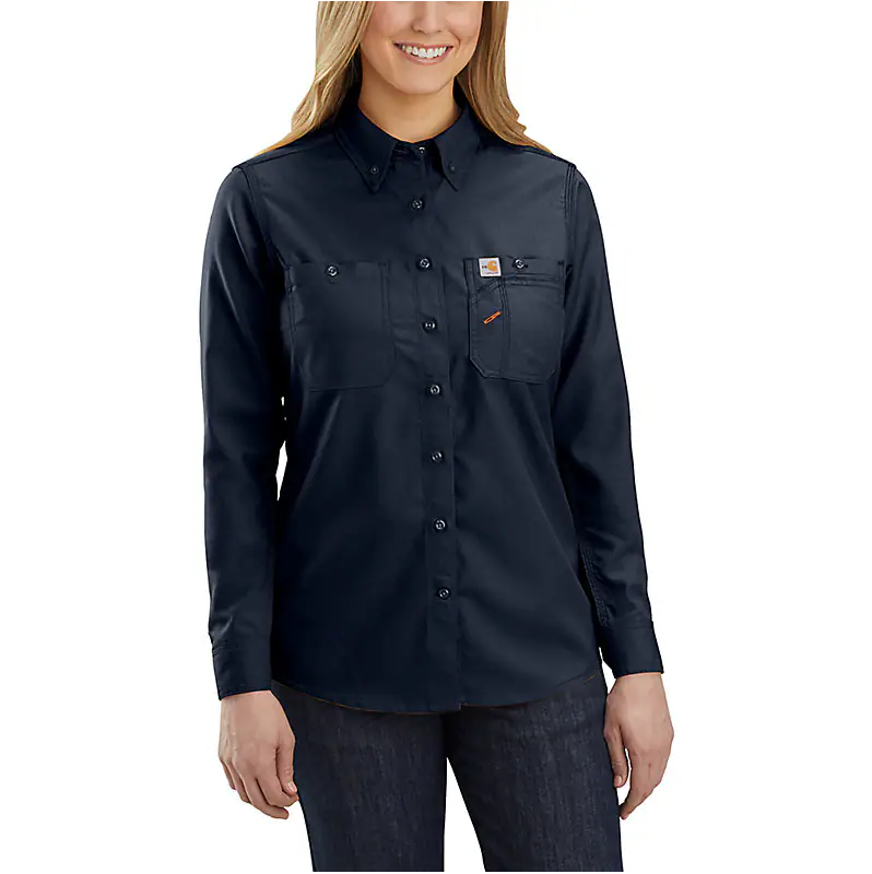 Carhartt, FR Women's Flame-Resistant Force Relaxed Fit Lightweight Long-Sleeve Shirt, 104147, Navy, Gray